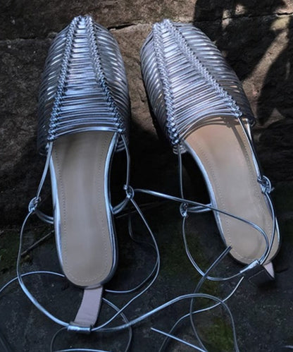 Lace Up Splicing Holiday Flat Sandals Silver Hollow Out