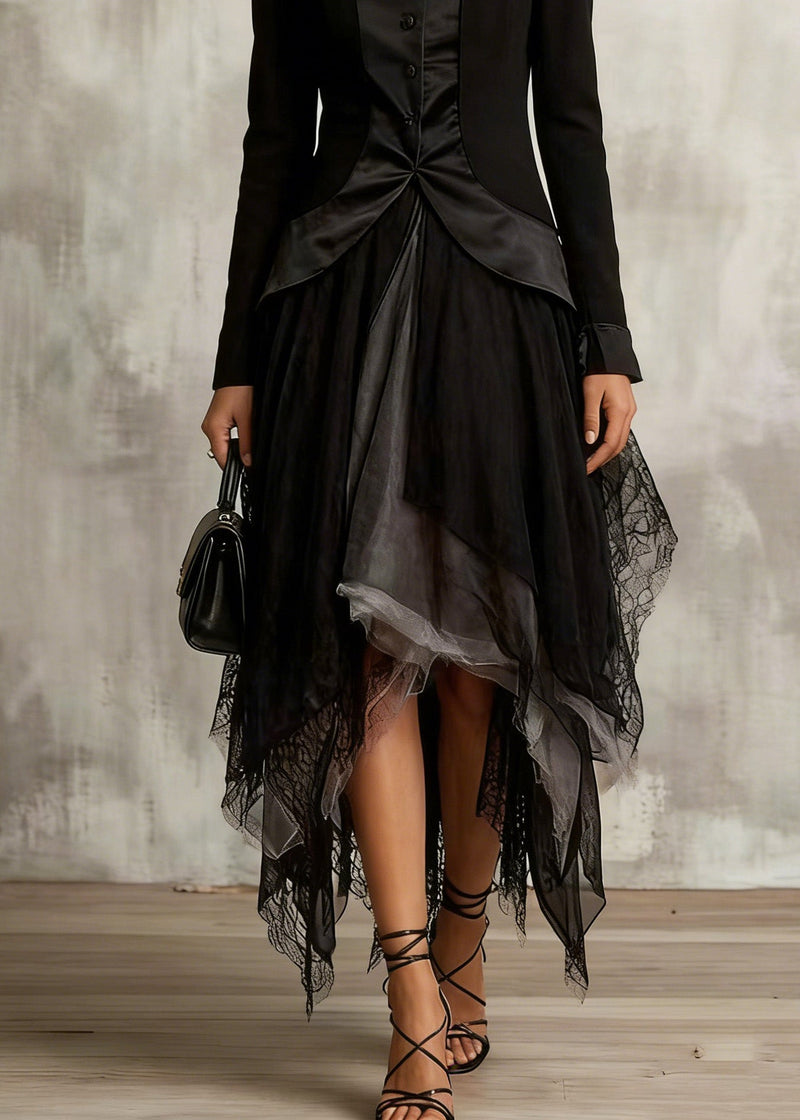 Classy Black Colorblock Tulle Asymmetrical Sesign Skirt Summer