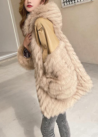 French Khaki Hooded Pockets Patchwork Leather and Fur Coats Winter