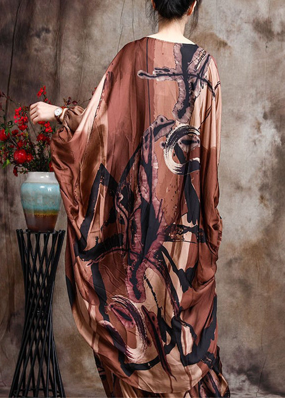 Baggy Chocolate Print Silk Dress and Wide Leg Pants Two Piece Suit Set Batwing Sleeve
