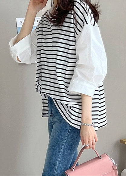 White Peter Pan Collar Patchwork Striped Cotton Shirt Tops Half Sleeve