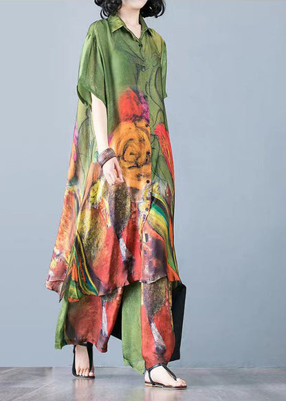 Italian Green Print Satin Shirt Dress and Pants Two Piece Set Short Sleeve
