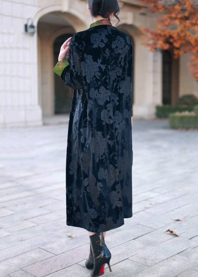 Black Stand Collar Print Silk Velour Long Dress Winter