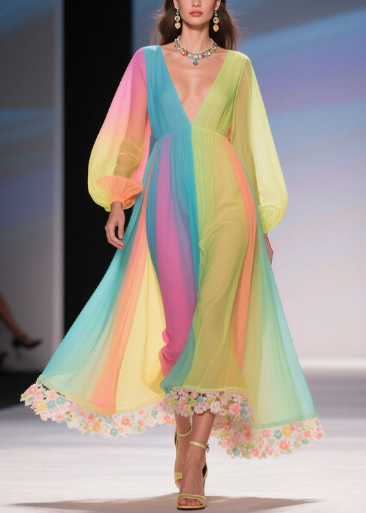 Stylish Rainbow High Waist Chiffon Long Dresses Spring