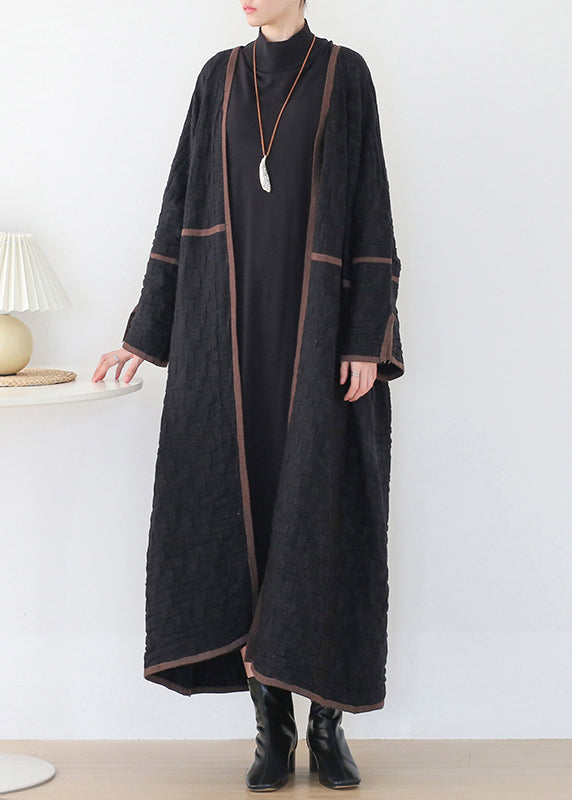 Black V Neck Patchwork Woolen Trench Coats Long Sleeve