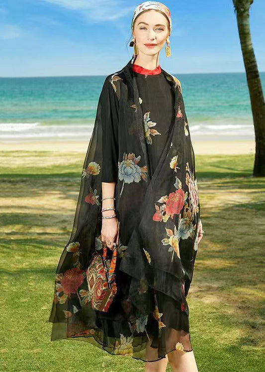 Black Stand Collar Patchwork Holiday Silk Two Pieces Set Summer