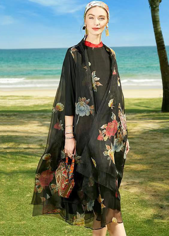 Black Stand Collar Patchwork Holiday Silk Two Pieces Set Summer