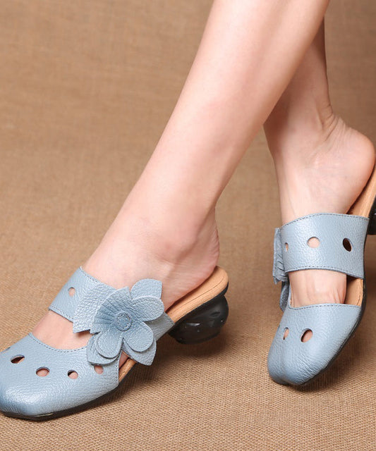 Blue Chunky Cowhide Leather Hollow Out Slide Sandals