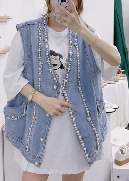 Blue V Neck Patchwork Nail Bead Denim Waistcoat Fall