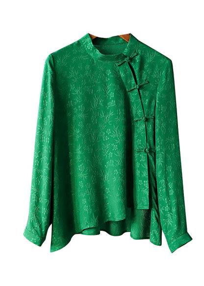 Retro Green Mandarin Collar Button Asymmetrical Design Jacquard Silk Shirts Spring
