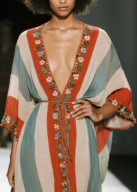 Colorblock V Neck Striped Cotton Tunic Dresses Summer
