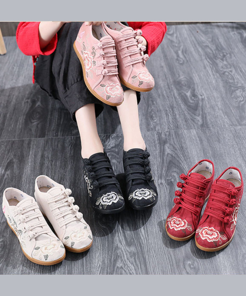 Black Cotton Fabric High Wedge Heels Shoes Embroideried Buckle Strap Flat Shoes for
