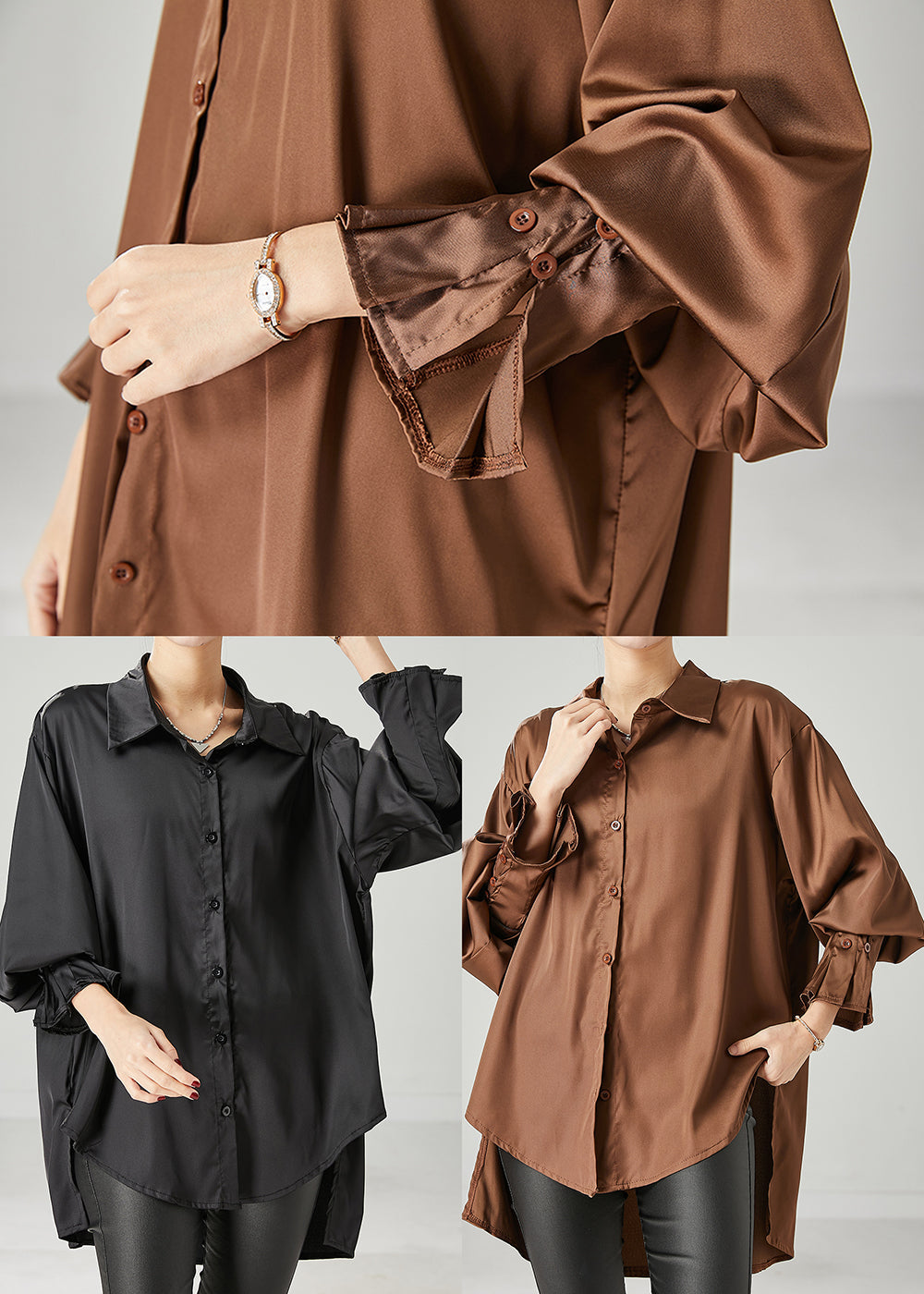 Black Oversized Draping Chiffon Blouses Spring