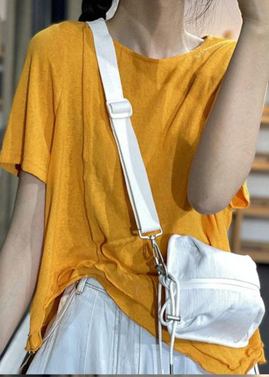 Unique White O-neck Asymmetrical Design Cotton Top Short Sleeve