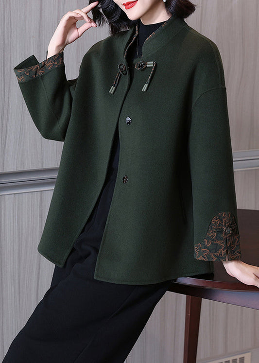 Blackish Green Button Wool Coat Long Sleeve