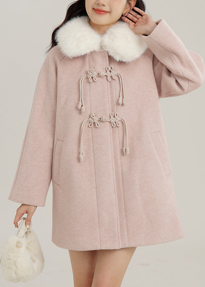 Pink Fur Collar Chinese Button Woolen Coats Winter