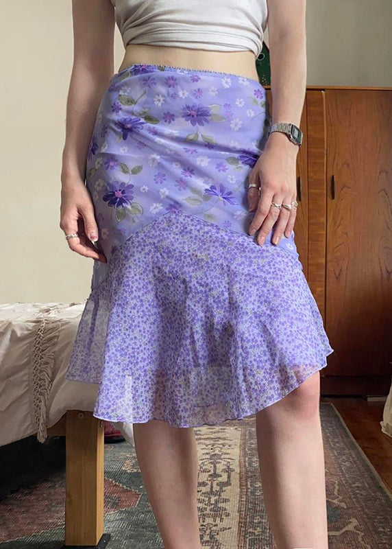 Purple Zippered Print Patchwork Chiffon Skirt Summer