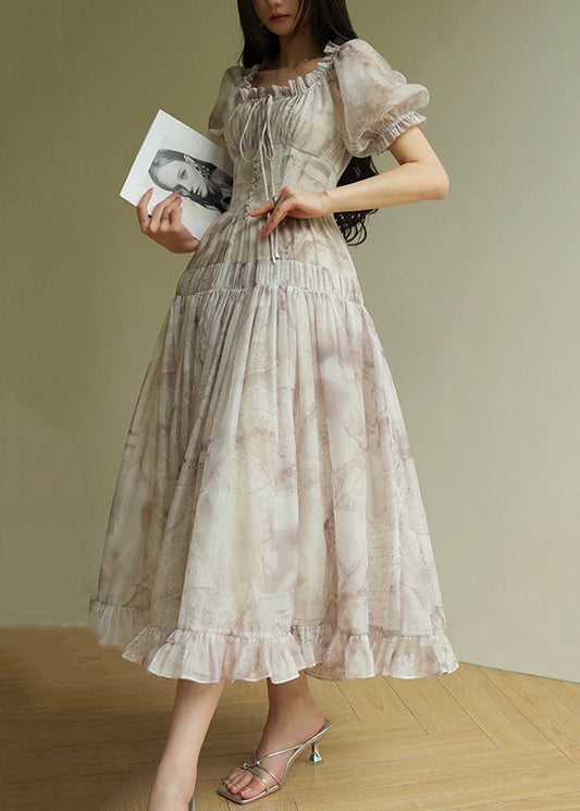 Ruffled Print Lace Up Silk Long Dress Summer
