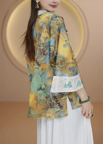 Embroidered Chinese Button Patchwork Silk Shirt Tops Fall