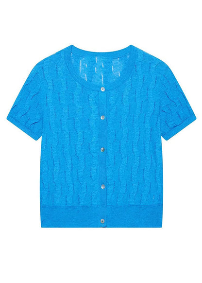 Simple Blue Button Hollow Out Knit T Shirt Summer