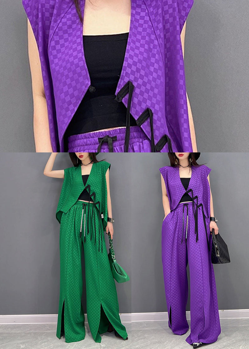 Purple Jacquard Chiffon Vest and Wide Leg Pants Two Pieces Set Elastic Waist Sleeveless