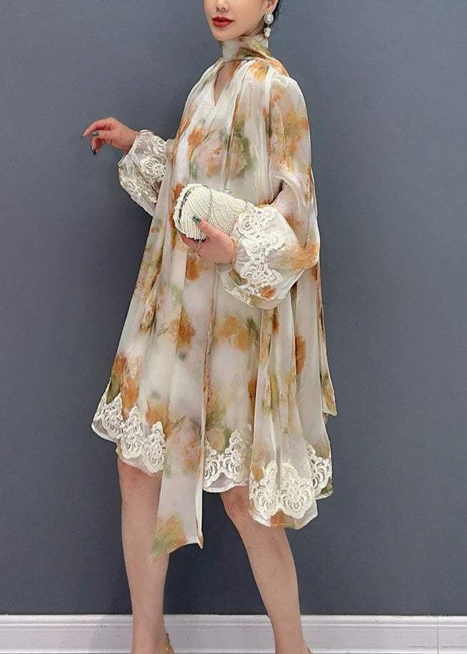 New Stylish Printed Lace Up Mid Dress Long Sleeve