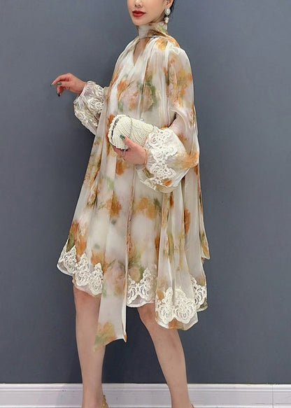 New Stylish Printed Lace Up Mid Dress Long Sleeve