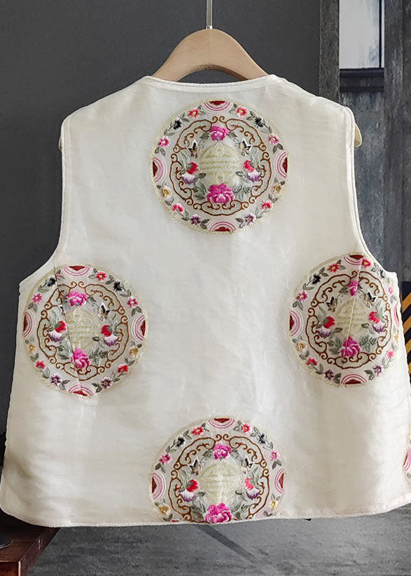 White Embroideried Patchwork Silk Vest Sleeveless