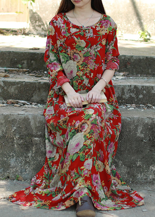 Dark Red O-neck Pocket Print Cotton Long Dresses Long Sleeve