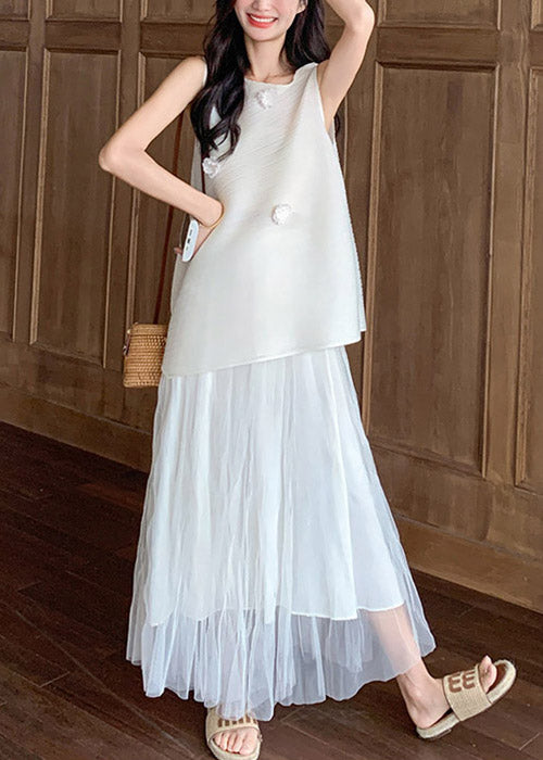White Tops and Tulle Skirts Two Pieces Set Sleeveless