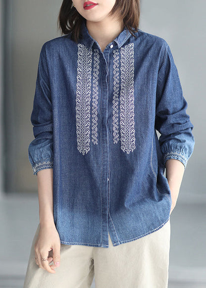 Blue Peter Pan Collar Embroideried Cotton Denim Shirt Top Long Sleeve