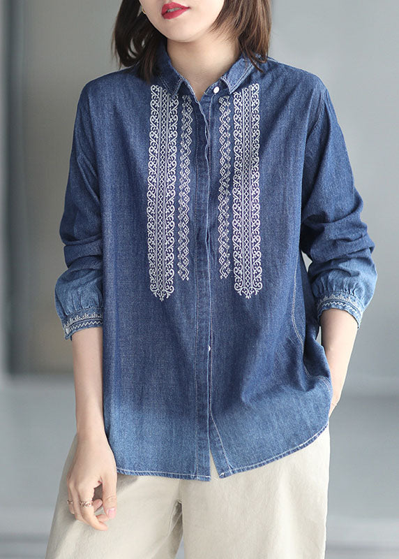 Blue Peter Pan Collar Embroideried Cotton Denim Shirt Top Long Sleeve