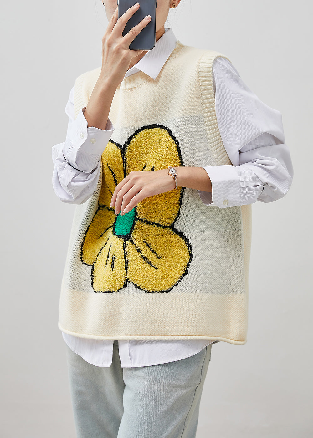 Beige Warm Knit Vests Jacquard Spring