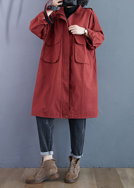 Brick Red Zip Up Pockets Patchwork Cotton Trench Coats Fall