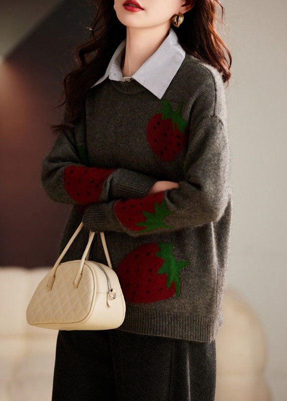 Beige Strawberry Print Cozy Cotton Knit Sweater Long Sleeve