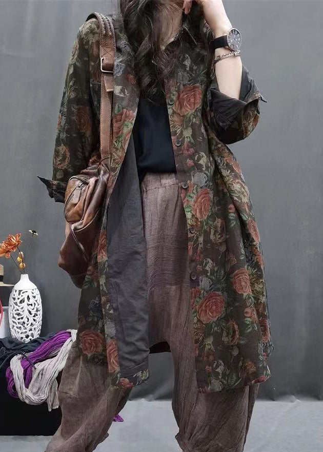 Coffee Peter Pan Collar Print Long Linen Shirts Long Sleeve