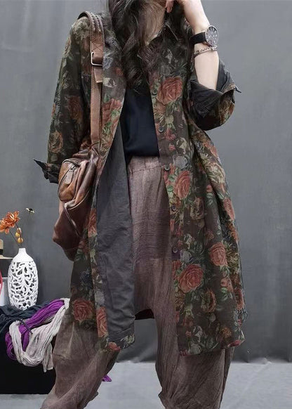 Coffee Peter Pan Collar Print Long Linen Shirts Long Sleeve