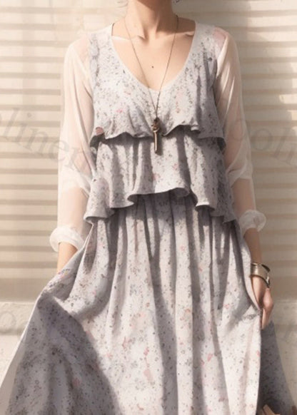 Apricot Print False Two Pieces Cotton Maxi Dresses Long Sleeve