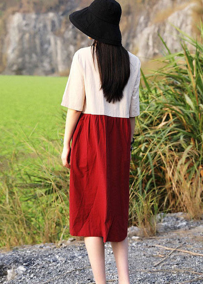 Unique Red O-neck Patchwork Dress Half Sleeve