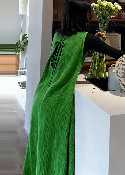 Green Backless Corduroy Long Dresses Sleeveless