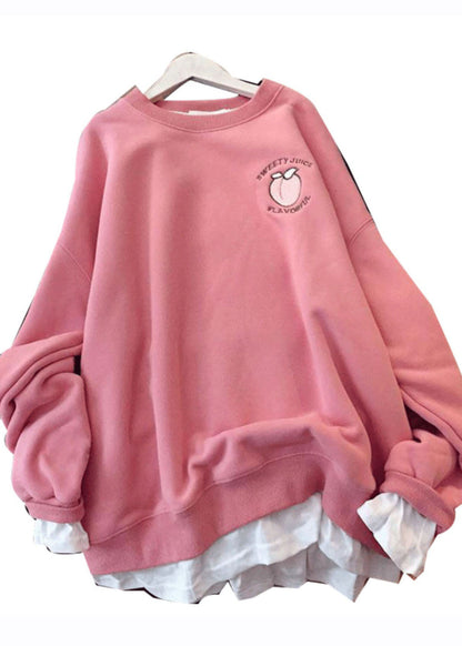Pink O-neck Print Patchwork Fleece Sweatshirt Winter