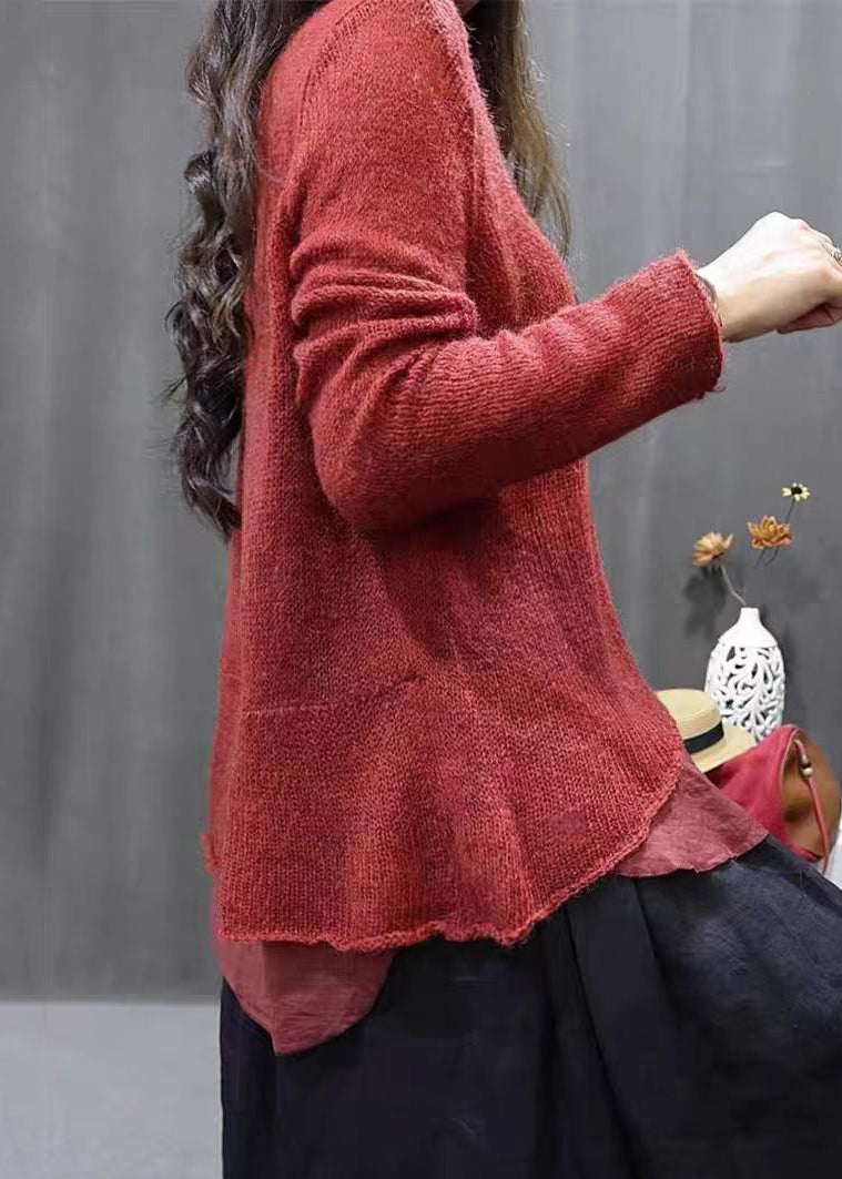 Simple Red Asymmetrical Patchwork Cotton Knit Tops Long Sleeve Fall