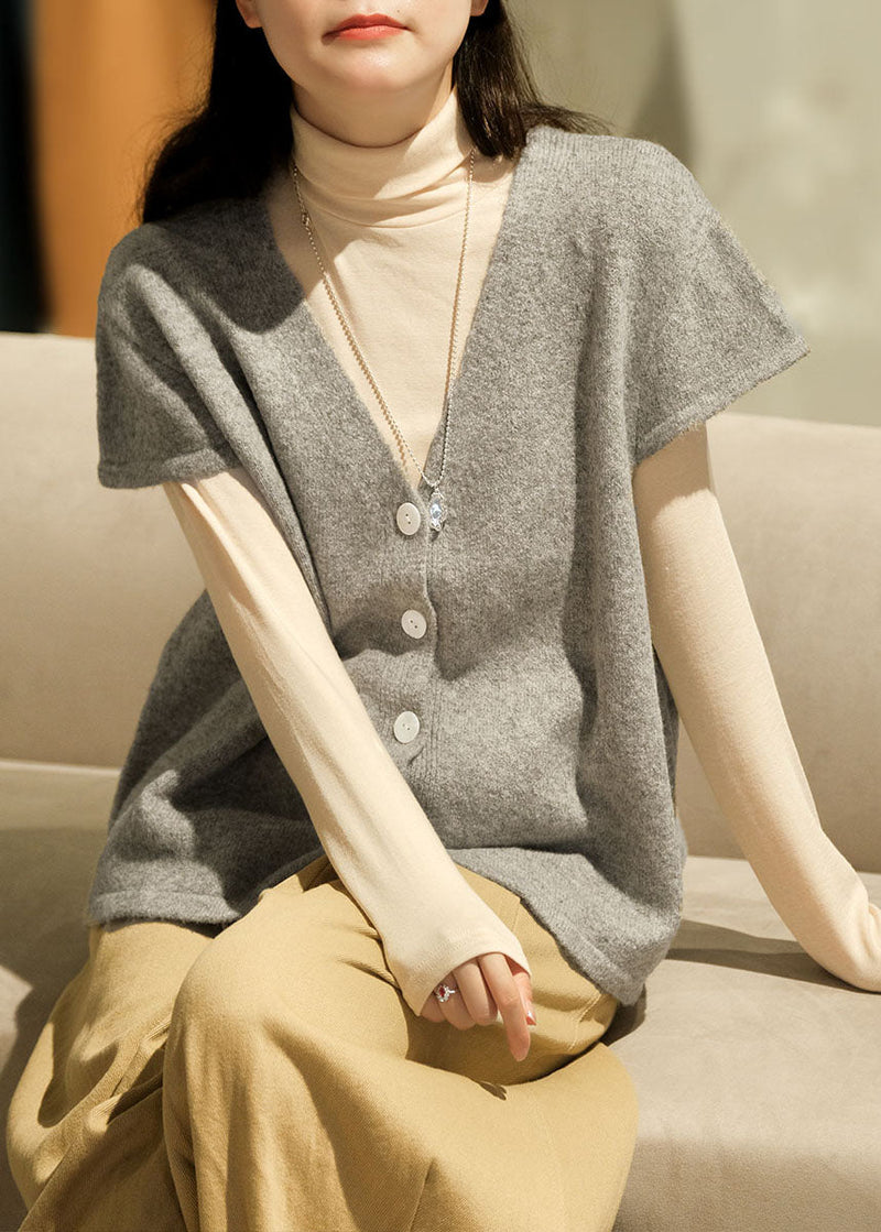 Simple Beige V Neck Button Knitted Blend Waistcoat Short Sleeve