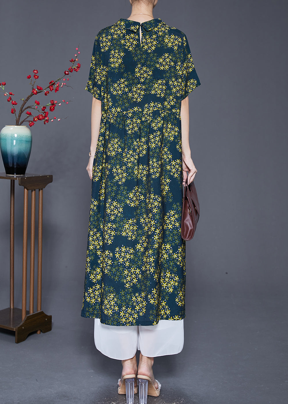 Boutique Green Peter Pan Collar Print Chiffon Dress Summer