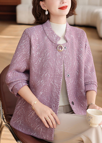 New Purple O-neck Patchwork Knit Cardigan Fall