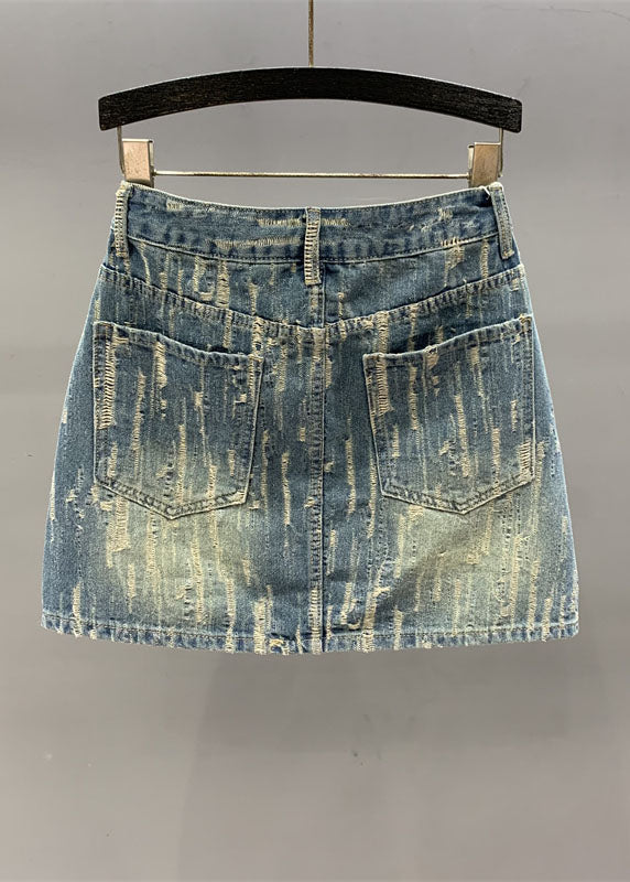 Denim Blue Pockets Patchwork High Waist Cotton a Line Skirt
