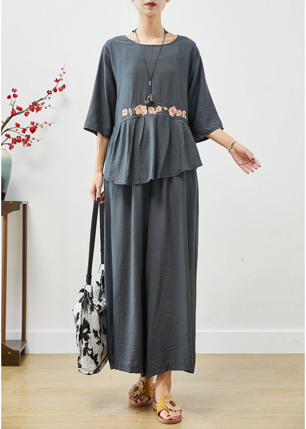 Blue Grey Cotton Two Piece Set Clothing Embroideried Fall