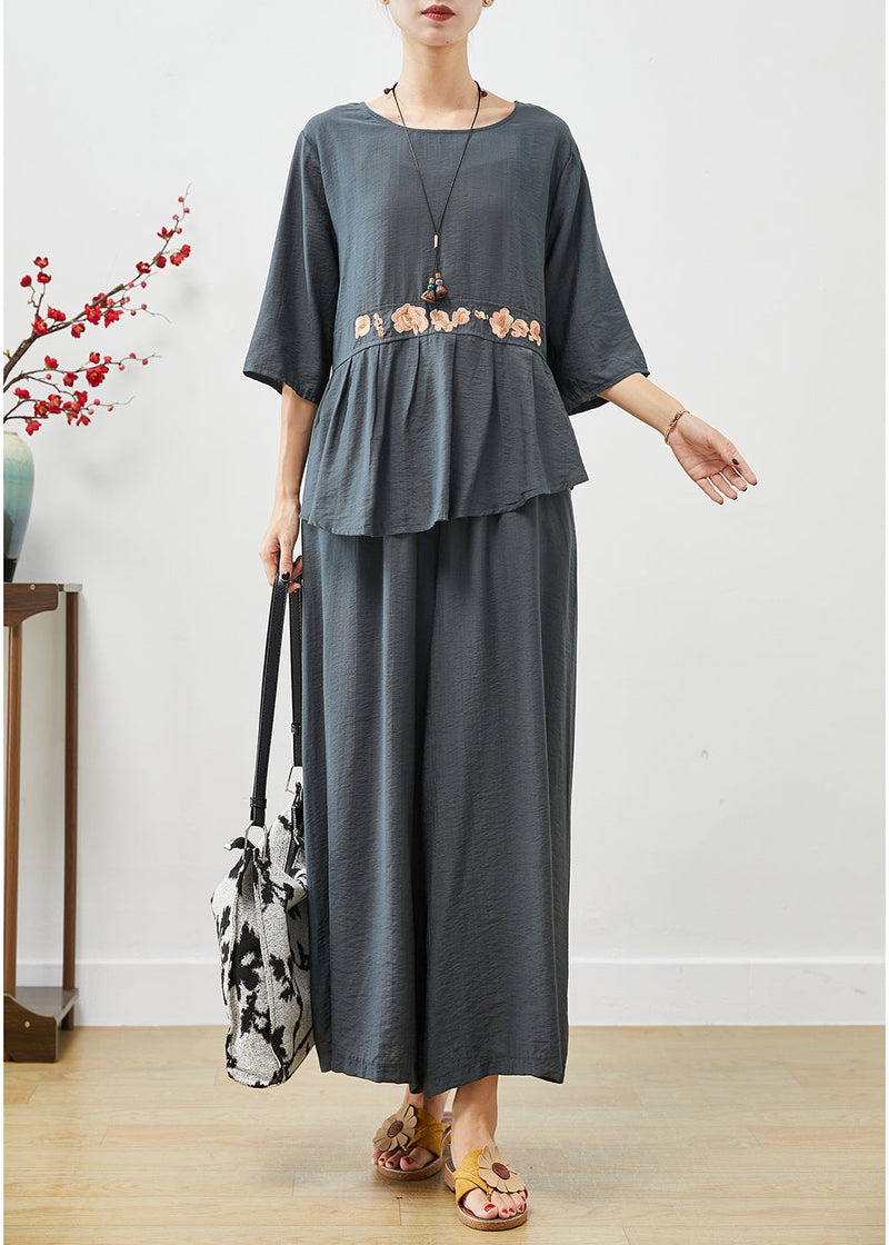 Blue Grey Cotton Two Piece Set Clothing Embroideried Fall
