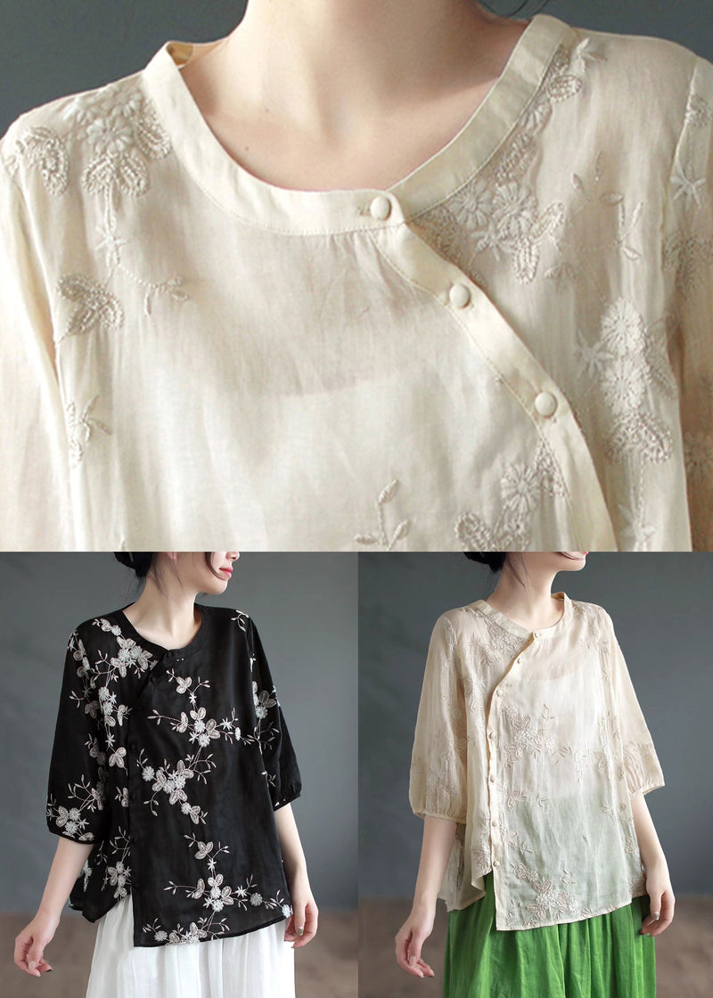 Black Asymmetrical Button Patchwork Linen Shirt Summer