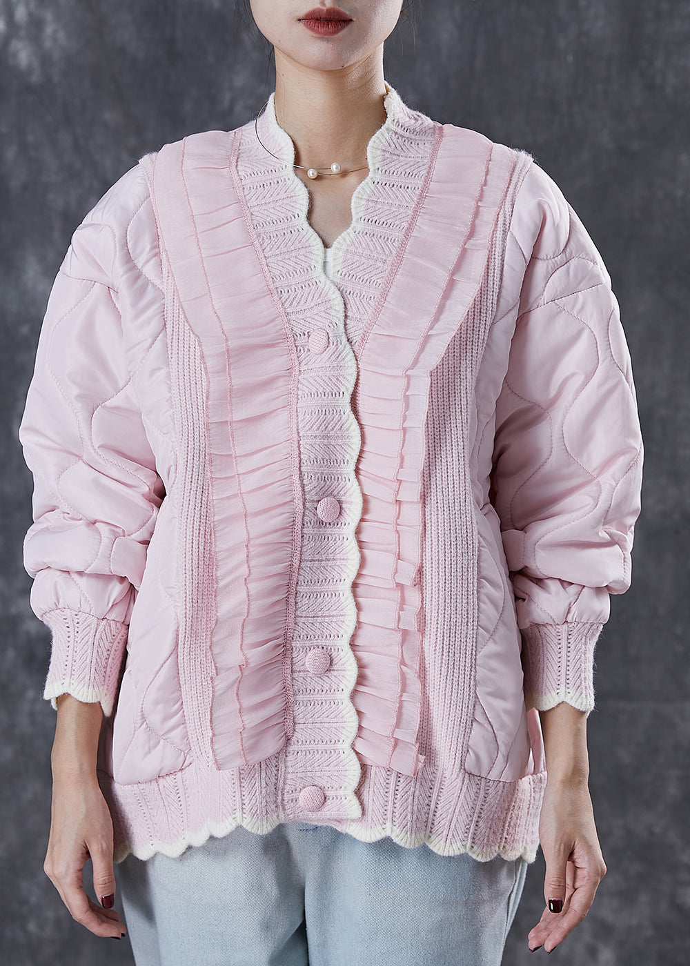 Pink Ruffled Patchwork Knit Fine Cotton Filled Coat Spring